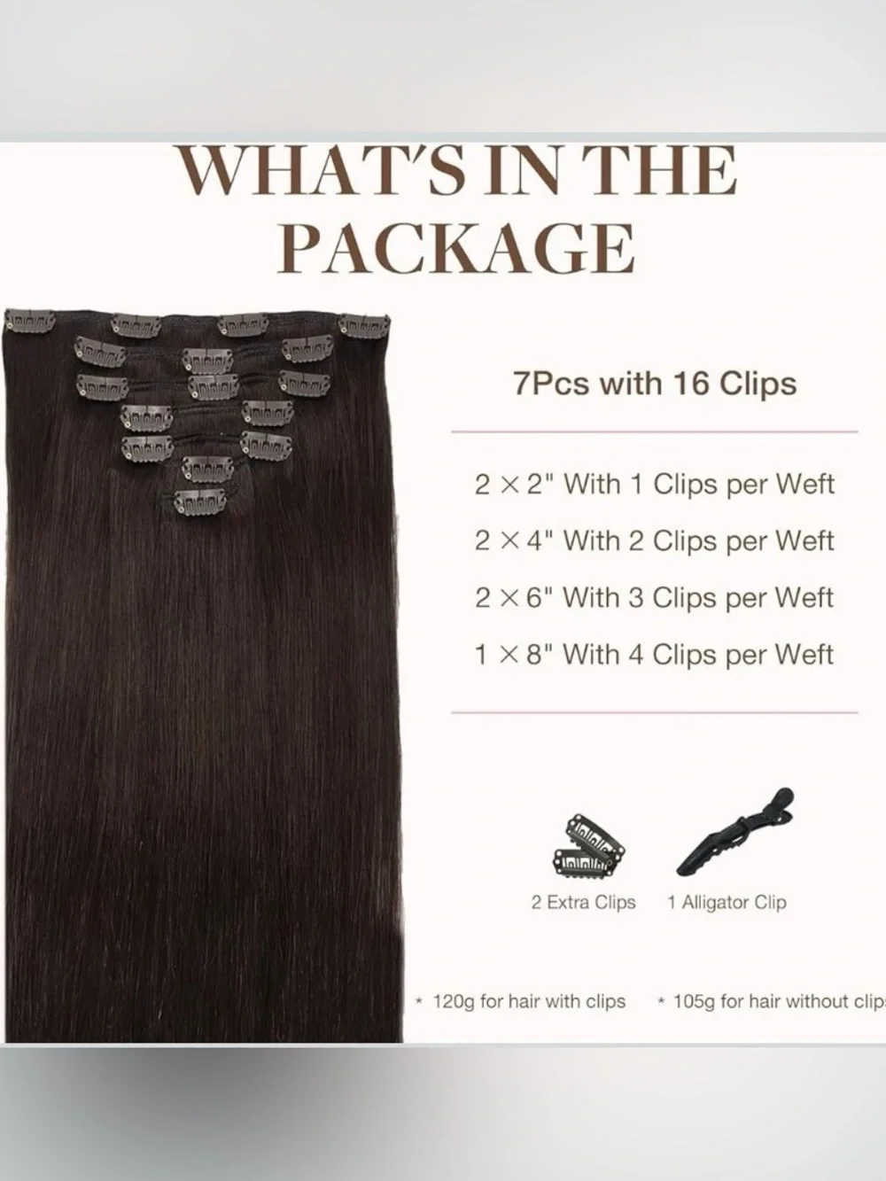 GOO GOO Clip in Hair Extensions Brazilian Human Hair 18” 120g 7Pcs, 2A Lt Brown